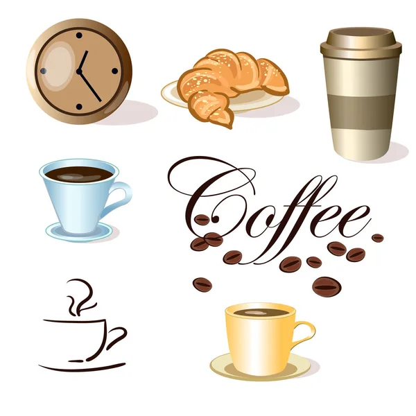 Conjunto vectorial de tazas de café, reloj y Croissant aislados — Vector de stock