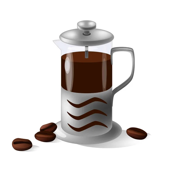 Prensa francesa vectorial aislada sobre fondo blanco y granos de café — Vector de stock