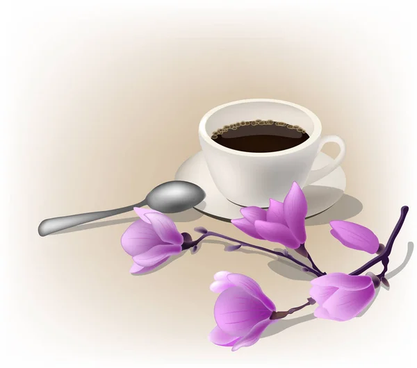 Ilustracja wektorowa, filiżankę kawy espresso i oddział magnolia. — Wektor stockowy