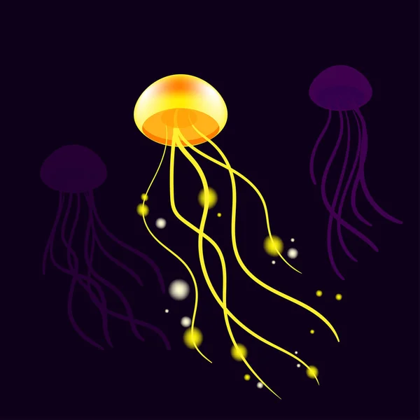 Sárga csillogó medúza. A sötét háttér vektor illusztráció — Stock Vector