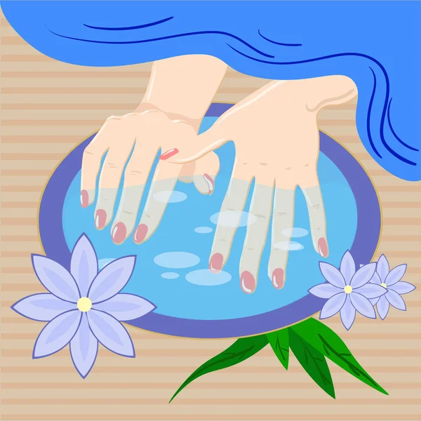 Manicura, cuidado de las manos. Las manos cuidadas de la mujer con cuenco y flores, ilustración vectorial — Vector de stock