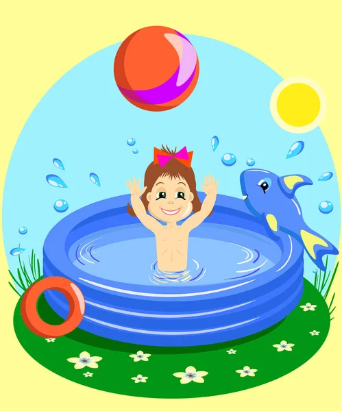 Vektor-Illustration eines jungen Mädchens, das glücklich mit einem Ball im Gummipool schwimmt — Stockvektor