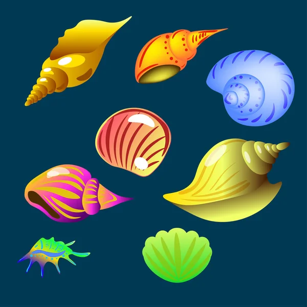Vector set of sea shell on the dark background isolated — Stock Vector