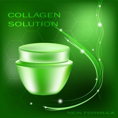 Vektör krem kavanoz kamaşma ve yeşil renkli, kollajen çözüm ışık