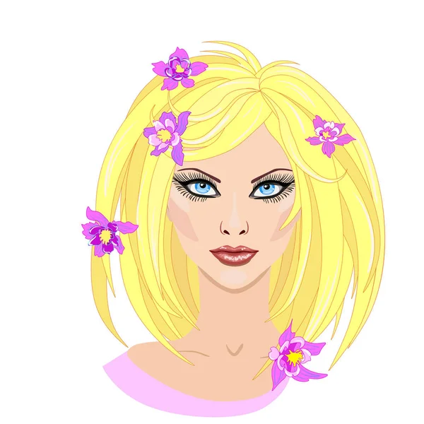 Schöne blonde Mädchen mit Blumen im Haar in flachem Stil. Vektorillustration. — Stockvektor