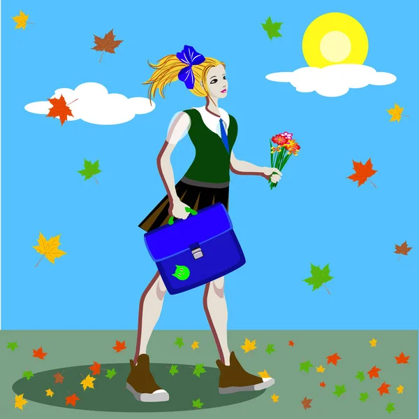 School girl in uniform with ponytails going to school along the road with marple leaves. Vector illustration — Stock Vector