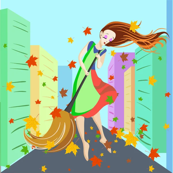 Vector street cleaner with a broom — Stock Vector