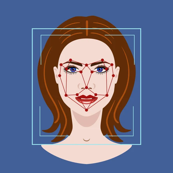 Facial Recognition System met een gezicht van de vrouw, vector illustratie — Stockvector