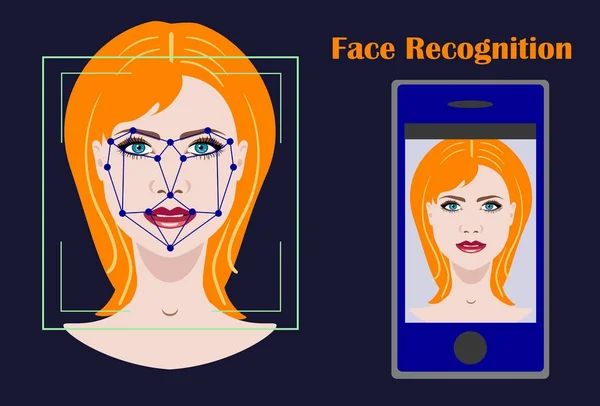 Sistema de segurança biométrica de reconhecimento facial com rosto de mulher — Vetor de Stock