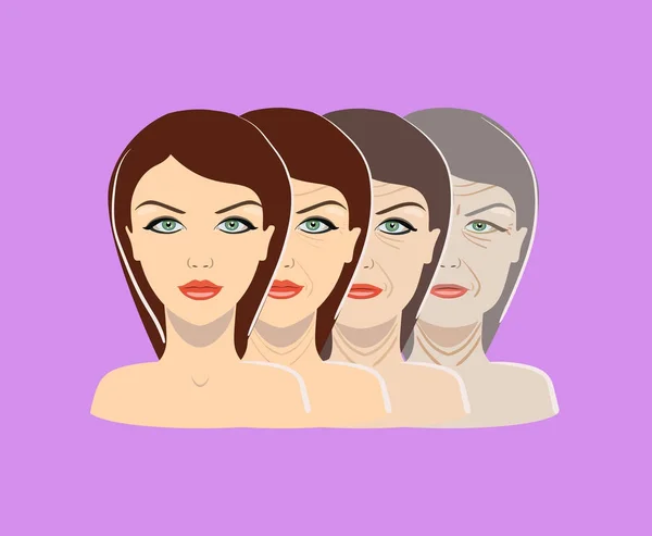 Processus de vieillissement vectoriel. Quatre étapes de changement de visage sur le fond violet — Image vectorielle