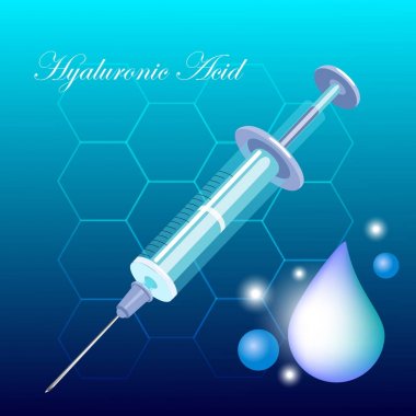 Arka planda hücrelerle hyaluronik asit ile vektör şırınga simge damla