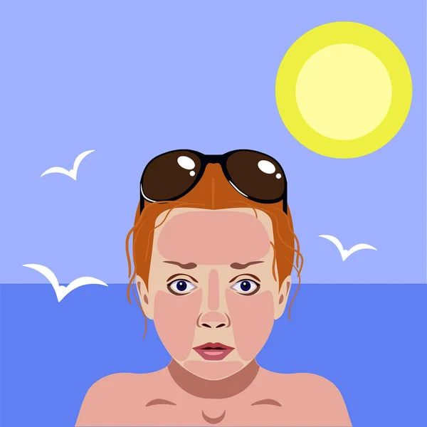 Vermelhidão na mulher facial Vector Ilustração sobre o perigo de Ultravioleta. no fundo do mar — Vetor de Stock