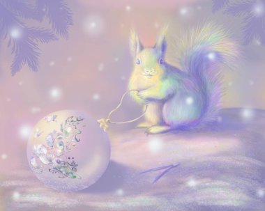 Top ve Photoshop'ta yapılmış sincap Noel kompozisyonu