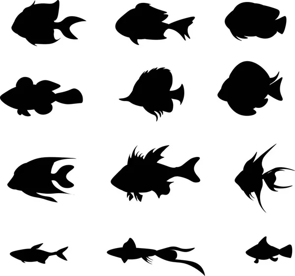 Conjunto de vectores peces negros aislados sobre el fondo blanco — Vector de stock