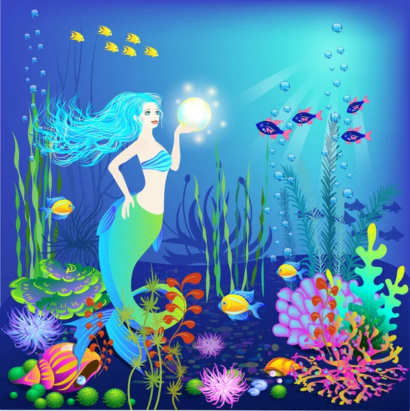 Unterwasserwelt, kleine Meerjungfrau, Fische, Meerespflanzen und eine Perle — Stockvektor