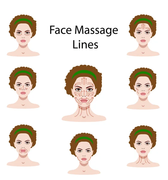 Vector illustration set of face massage instructions isolated on the white — Stock Vector