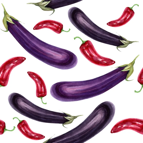 Watercolor seamless pattern with red peppers and eggplant. White background with vegetables. — 스톡 사진