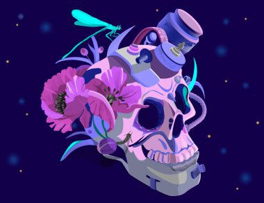 Skull with implanted steampunk elements - tube, devices, sensors, mechanisms. Vector illustration on a blue background.