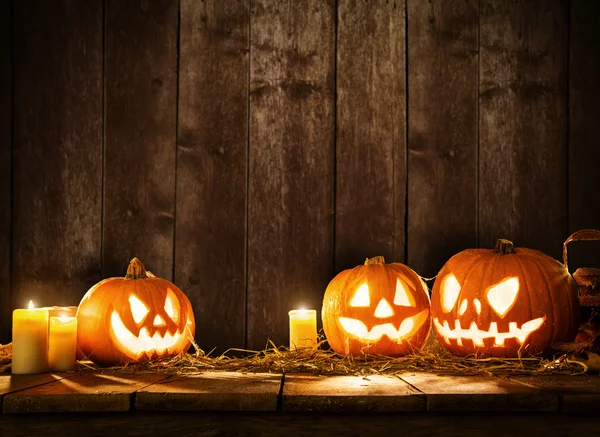 Enge halloween pompoenen op houten planken — Stockfoto