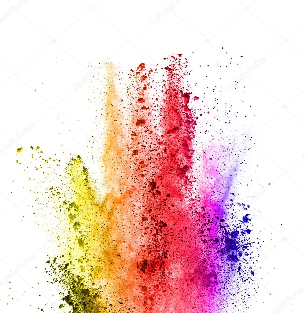 Explosion of colored powder on white background