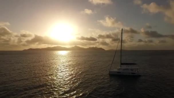 Letecký pohled na katamarán sailling v pobřeží — Stock video