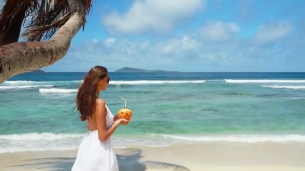 Mujer en bikini en una playa tropical en Seychelles — Vídeo de stock