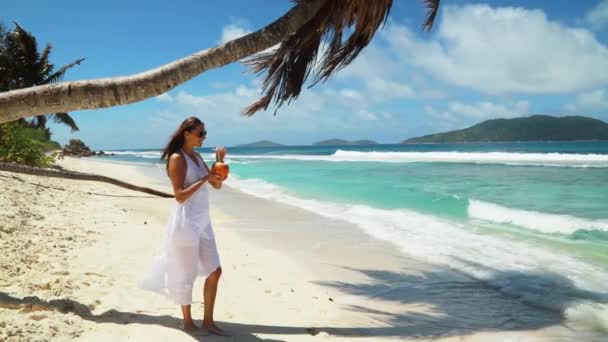 Mujer en bikini en una playa tropical en Seychelles — Vídeo de stock