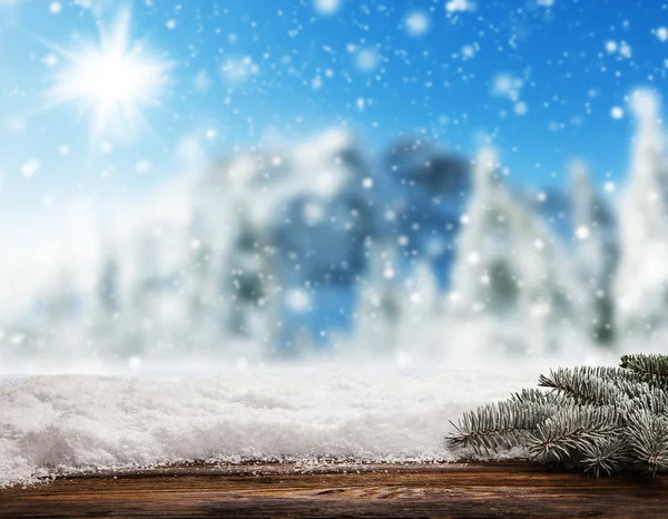 Empty wooden planks with snowy background — Φωτογραφία Αρχείου