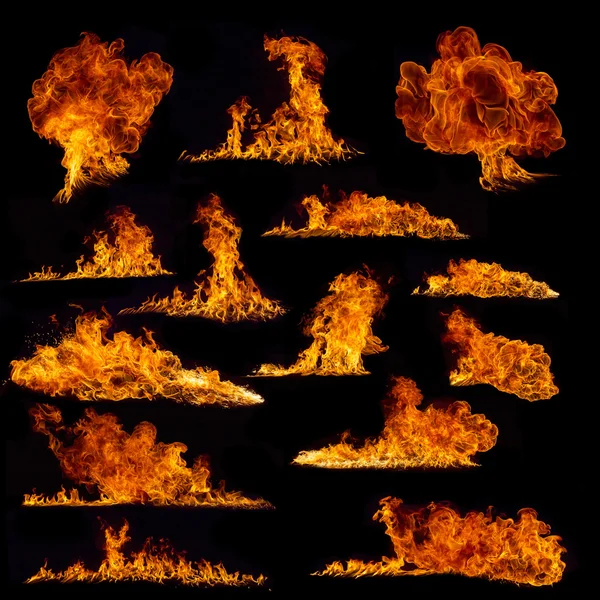 Fire flames samling på svart bakgrund — Stockfoto