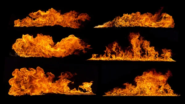 Brand vlammen collectie op zwarte achtergrond — Stockfoto