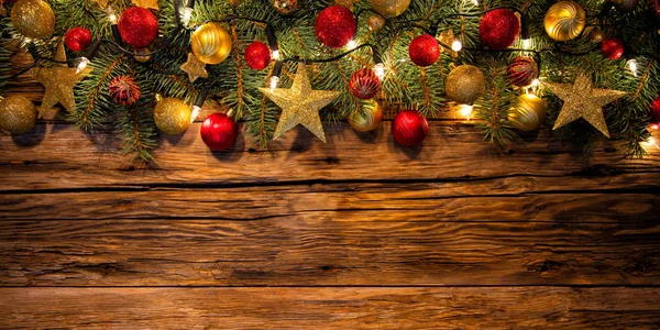 Christmas decoration placed on wooden planks — Stock Photo, Image