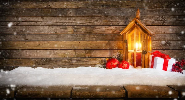 Christmas background with gifts and lantern — Stock Photo, Image