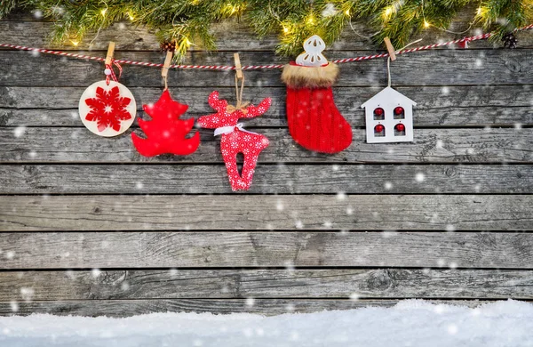 Christmas decoration placed on wooden planks — Stock Photo, Image