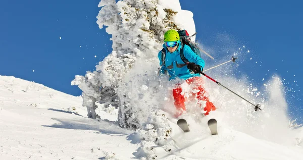 Freeride esquiador em neve em pó correndo downhill — Fotografia de Stock