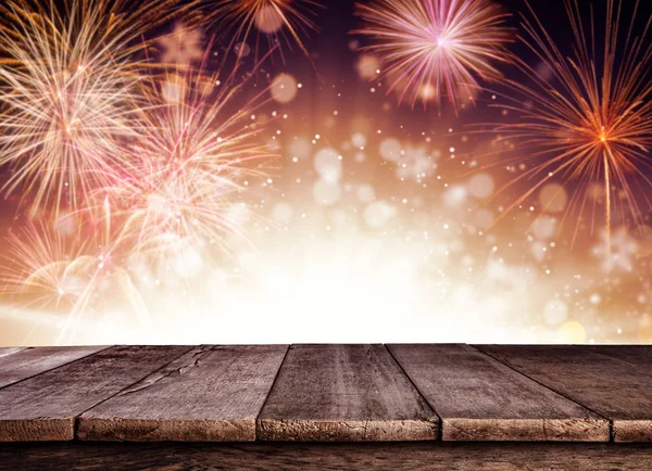 Abstrakte Feuerwerk Hintergrund mit Holzplanken — Stockfoto