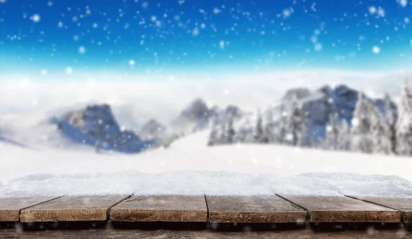 Empty wooden planks with winter alpine mountains — Stock Photo, Image