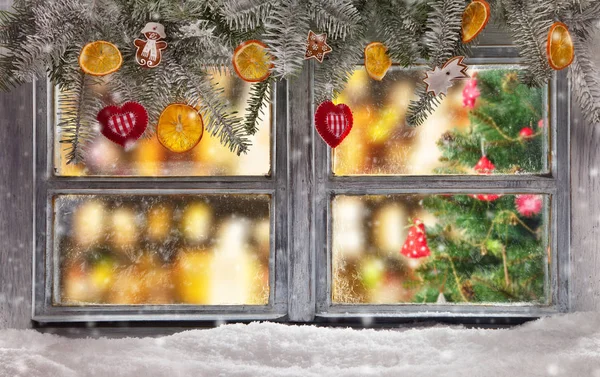 Vintage wooden window with blur background — Stock Photo, Image