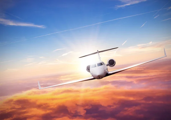 Private jet plane flying above clouds — Stock Photo, Image