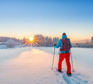 Snowshoe walker running in powder snow clipart