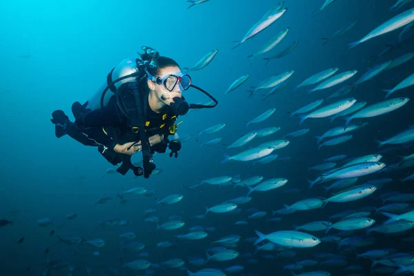 Mujer buceadora explorando el fondo del mar — Foto de Stock
