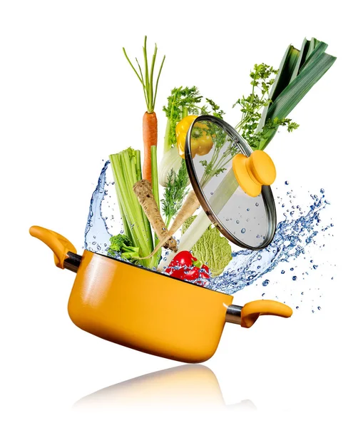 Fresh vegetables flying into a pot on white background — Stock Photo, Image