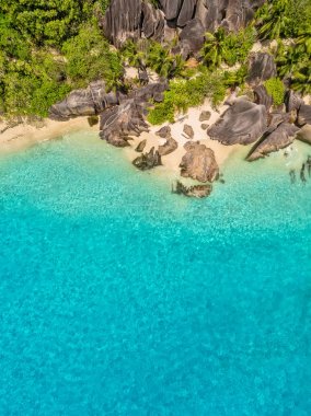 Aerial photo of tropical Seychelles beach at La Digue island clipart