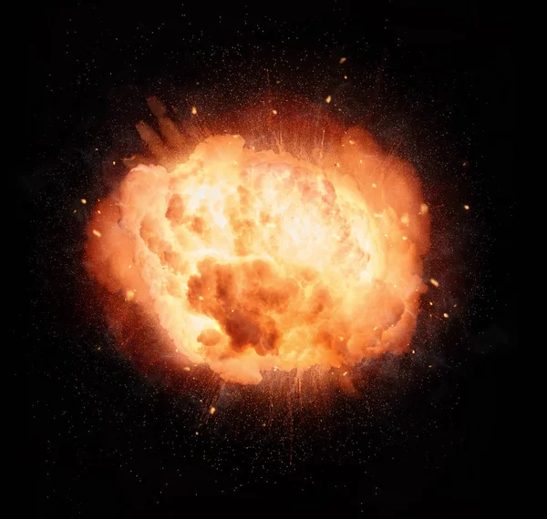Realistic fiery explosion over on black background — Stock Photo, Image