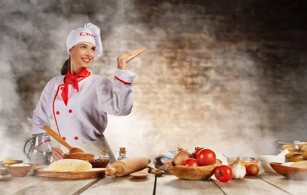 Young chef woman cooker ready for food preparation — Stock Photo, Image