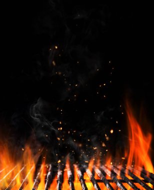 Empty flaming charcoal grill with open fire clipart