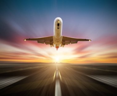 Passengers airplane taking-off the runway, blur motion effect as background clipart