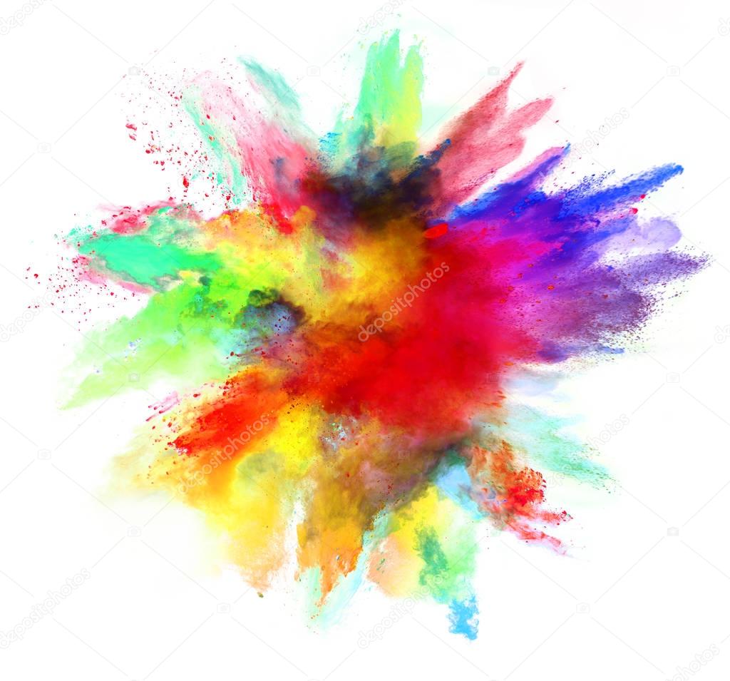 Explosion of colored powder on white background