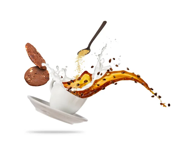Porcelaine white cup with splashing coffee liquid and biscuits isolated on white background. — Stock Photo, Image