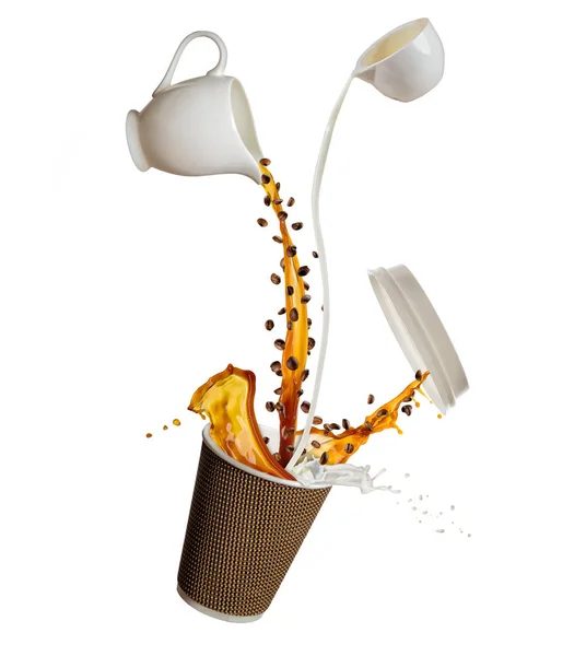 Tasse mit spritzendem Kaffee und Milchflüssigkeit isoliert auf weißem Hintergrund. Heißgetränk mitnehmen — Stockfoto