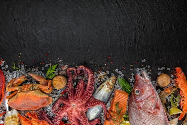 Viele Arten von Meeresfrüchten, serviert auf Crushed Ice — Stockfoto